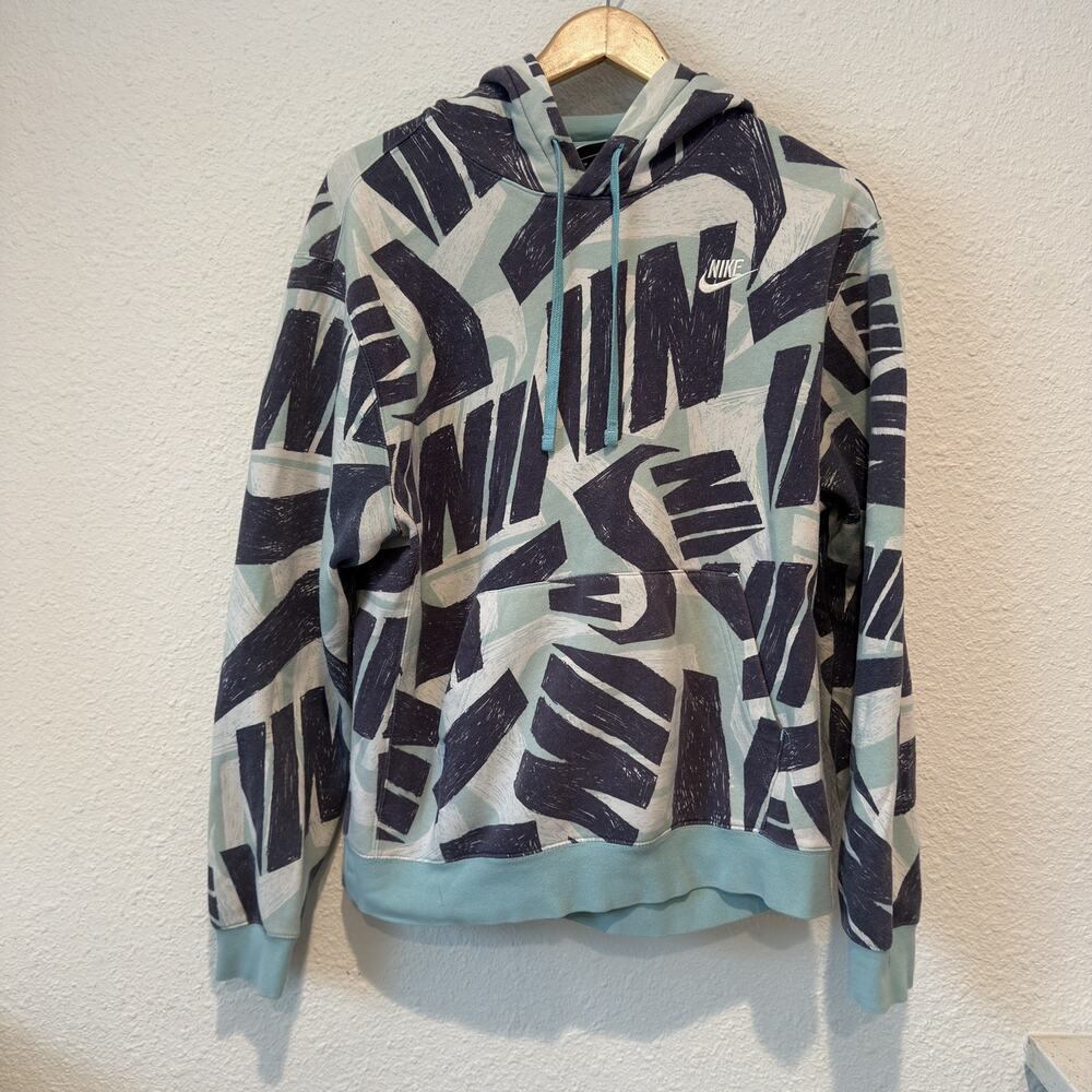 Nike All-Over Spell Out Logo Print Pullover Hoodie in Blue Teal and Navy Size M